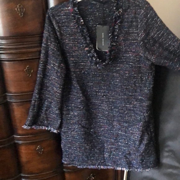 ZARA Woman navy multi tweed dress tunic frayed edges long sleeves - Picture 1 of 12